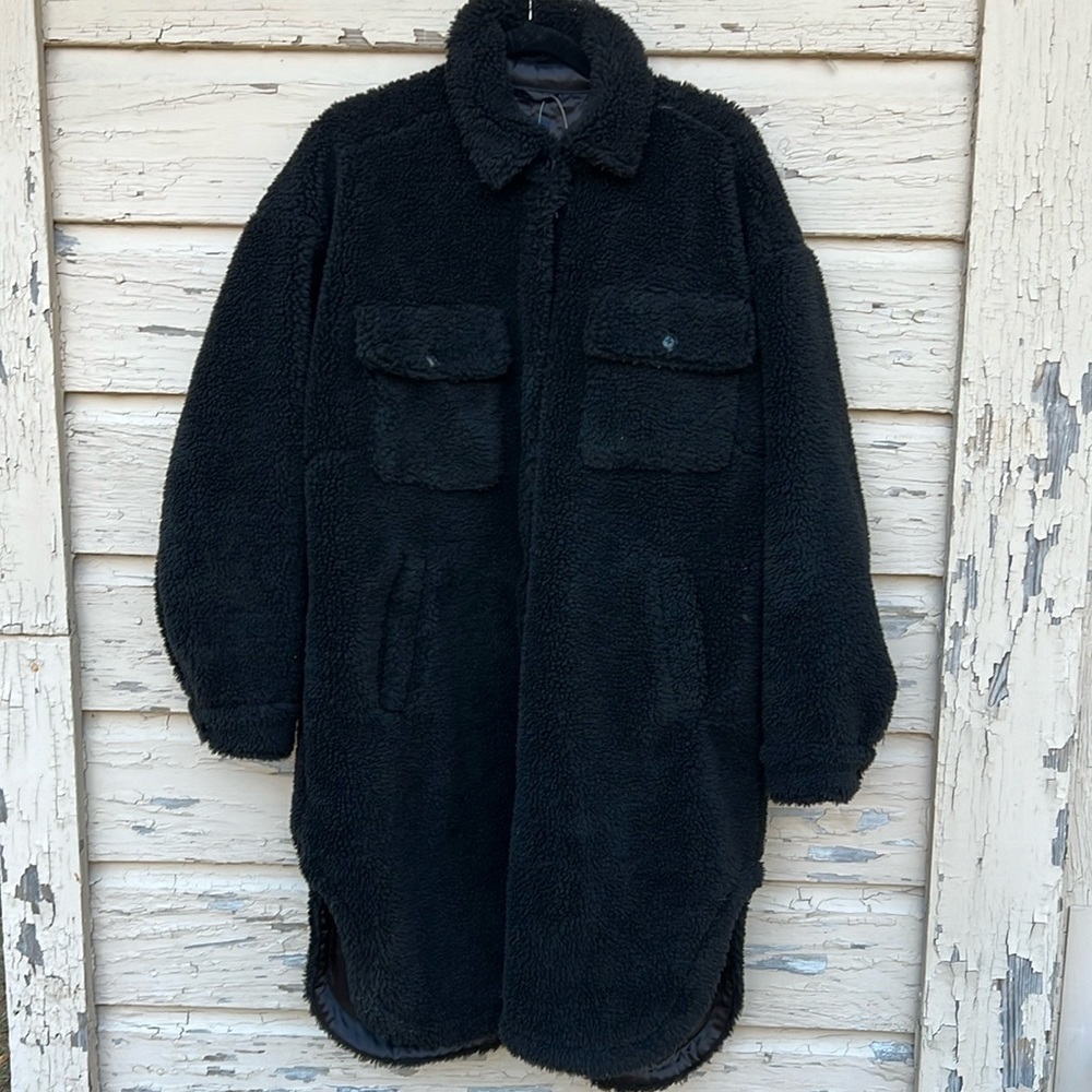 Gap BLACK Longline Sherpa Winter Teddy Coat Jacket Oversized Size L